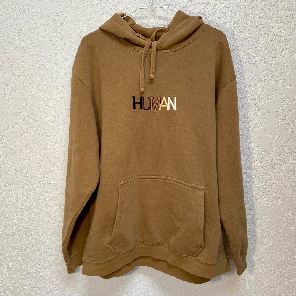 Wear The Peace Hoodie Men’s XL “HUMAN” Brown Embroidered Pullover Sweatshirt
